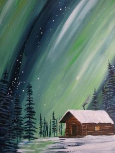 an oil painting of a cabin in the snow with green and white lights above it