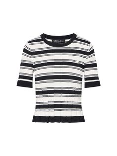 MO&Co. Women's Textured Stripe Knit Top Discover stylish and comfortable texture in this knit top. Crafted with a unique structural texture elastic material, it features bold black and white stripes, and a round neckline, for a chic look. Features : - Structured stretchy material- Front MC embroidery details- Tight fit, short sleeves Code: MBC3SWT004The back length of size S is 46.2cmMATERIALS & CARE Material: 51.6% Viscose 45.1% Polyamide 3.3% SpandexREMINDER: All items are measured manually. P Chic Striped Ribbed Tops, Chic Striped Crew Neck Knit Top, Chic Striped Tops With Ribbed Neckline, Chic Striped Top With Ribbed Neckline, Striped Textured Knit Top, Striped Textured Knit Crew Neck Top, Striped Fine Knit Crew Neck Top, Striped Fine Knit Tops, Chic Striped Knit Tops