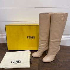 Gorgeous Fendi Leather Boots! Outside Is Calf Leather And Inside Is Lamb Leather. 100% Authentic Brand New Never Worn. Size 38 Eu Fits Like A Size 8 Us. Please Ask All Questions And Refer To All Photos Before Purchasing As All Sales Are Final! Comes With 2 Dust Bags And Box. Box Has A Little Dent On It, But Boots Are In Pristine Condition! Original Price Is $1590 +Tax! Ig: @Valleydesignervintage Designer Beige Calf Leather Boots, Designer Beige Boots For Evening, Luxury Beige Calf Leather Boots, Designer Beige Boots For Formal Occasions, Designer Beige Formal Boots, Luxury Beige Boots For Formal Occasions, Luxury Beige Formal Boots, Fendi Heels, Fendi Boots