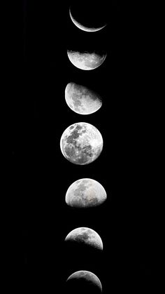 five phases of the moon are shown in this black and white photo, as well as one