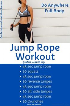 a woman is holding a jump rope in front of a white wall with the words jump rope workout on it