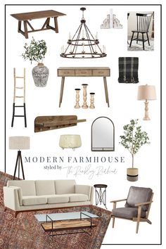 the modern farmhouse house is featured in this postcard design book, featuring furniture and accessories