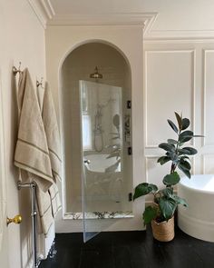 a bathroom with a tub, sink and shower in the corner next to a potted plant