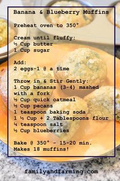 the recipe for banana blueberry muffins on a plate