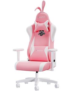 a pink and white computer chair with an animal head on it's backrest