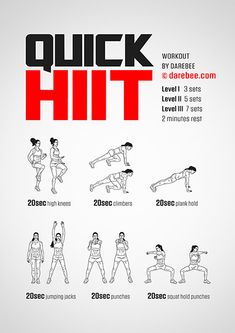 a poster with instructions for how to do a quick hiit in 20 minutes or less