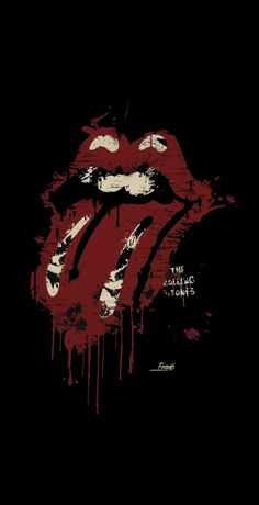 the rolling stones logo on a black background with red paint splattered over it