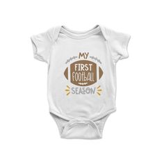 Unisex White Baby Bodysuit with 'My First Football season' Print, Soft Cotton Infant Onesie, Short Sleeve Snap Closure Round Neckline for just $17.50 #FootballOnesie #PhiladelphiaEagles #SportsBirthday #FootballSeason #1stFootballSeason #football #FootballBirthday #BabyFootball #BabyOnesie #SportBaby Steelers Baby, Sports Baby, Sports Birthday, Football Birthday, Baby Boy Nurseries, Short Sleeve Bodysuit, Football Season