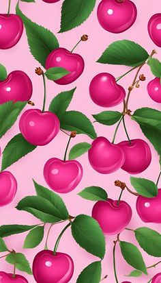 a pink background with cherries and green leaves