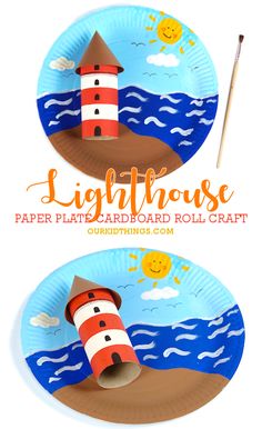 two paper plates with lighthouses on them, one is made out of construction paper