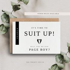 a card that says, it's time to suit up will you be our ring bearer?