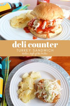 two plates with food on them and the words deli counter turkey sandwich written in large letters