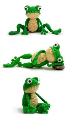 crocheted frog sitting on its back with eyes wide open and legs spread out