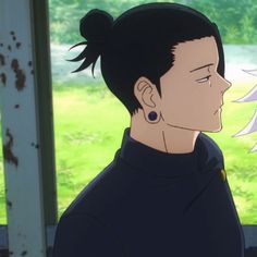 two anime characters staring at each other in front of a window with grass and trees behind them