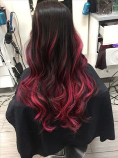 Hot Pink Hair Balayage, Blonde And Pink Highlights On Dark Hair, Pink And Brunette Hair, Pink Hair Streaks Brunette, Brunette With Pink Highlights, Pink Balayage Brunette, Pink And Black Hair, Rambut Brunette