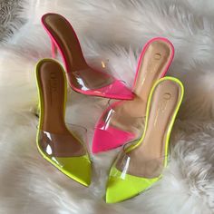 Bran New Never Used Pretty Comfortable Perfect To Make Any Outfit Pop! Chic Neon Yellow Pointed Toe Heels, Chic Neon Yellow Heels, Trendy Yellow Pointed Toe Heels, Trendy Yellow Heels For Party, Yellow Slides, Neon Yellow, Neon Pink, Pink Yellow, Pink Ladies