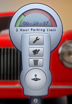 a parking meter with two hour parking limit on it's display in front of a red car