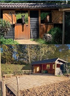 there are two pictures of horses in the barn and on the other side of the fence