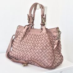 "Soft Baby Pink Woven Italian Leather Tote Bag, Woven Italian Handbag, Customizable, Black Leather Purse, Handmade Womens Leather Purse, Elow, comes in two versions, LARGE: W 15\" x H 11.4\" x D 7.1\" & SMALL: W 13\" x H 10\" x D 6\". Handle drop: 4\" The bag has made in distressed soft cowhide and distressed brass hardware We offer a free monogramming Inside: Two compartments inside with central divider/ zippered pocket Interior fully lined with cotton fabric One zippered pocket One iPhone/smar Everyday Satchel Bag With Detachable Handle, Everyday Soft Leather Satchel Bag, Handmade Pink Leather Bags, Leather Shoulder Bag With Detachable Handle For Everyday, First Iphone, Purse Handmade, Black Leather Purse, Soft Baby, Baby Soft