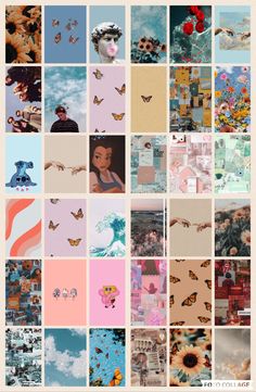 a collage of images with different colors and shapes on them, including flowers, butterflies,