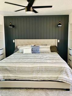 Vertical shiplap. Master bedroom remodel Wood Shiplap Bedroom Wall, Ship Lapped Bedroom Walls, Horizontal Accent Wall Bedroom, Verticle Wood Plank Wall, Vertical Shiplap Master Bed, Black Vertical Shiplap Bedroom, Vertical Shiplap Behind Bed, Black Vertical Shiplap Wall, Vertical Vs Horizontal Shiplap