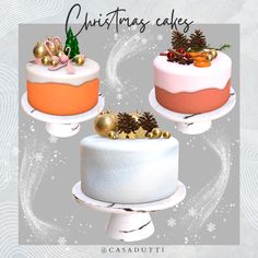 two cakes with pine cones and decorations on top are shown in this christmas card design