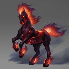 a horse that is standing on its hind legs with flames coming out of it's body