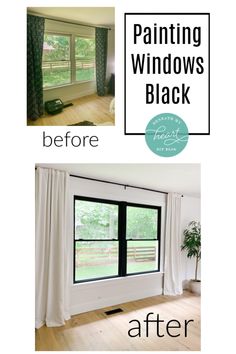 the before and after of painting windows in an empty room with wood flooring, white curtains