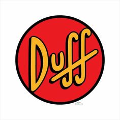 a red and yellow logo with the word duff on it's center circle shape