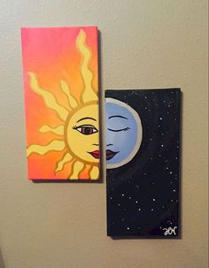 two paintings are hanging on the wall next to each other, one has a sun and moon painted on it