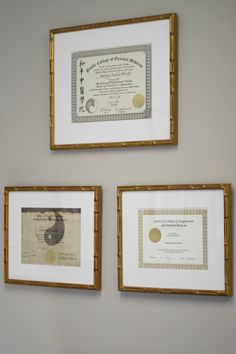 three framed pictures hanging on the wall next to each other, one with a certificate