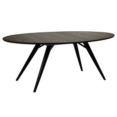 an oval table with two black legs and a wooden top, against a white background