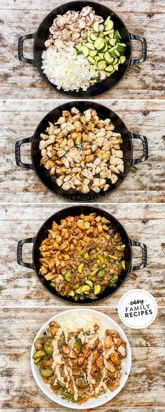 three pans filled with different types of food on top of a wooden table next to each other