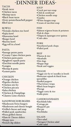 an image of dinner menus with different types of food on it, including chicken and vegetables