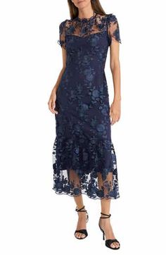 JS Collections Hope Floral Embroidered Cocktail Dress | Nordstrom Cocktail Dress Nordstrom, Cocktail Dress Style, Tulle Cocktail Dress, Floral Overlay, Illusion Dress, Flounced Dress, Maggy London, Midi Cocktail Dress, Midi Dress Party