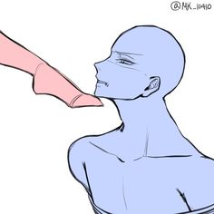 a drawing of a person holding an object in their hand and touching it's face