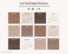 a calendar with the dates for each month in brown and beige colors, including numbers