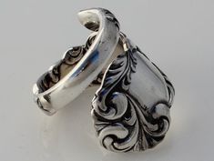 Wrapped Spoon ring Rialto Petern 1894 #FaunaRing #WrappedRing #ThumbRing #SpoonRing #SpoonRings #VictorianRing #SilverwareRing #RococoRing #SilverwareJewelry #dankartistry Elegant Antique Finish Rings For Formal Occasions, Elegant Formal Rings With Antique Finish, Rococo Design, Silverware Art, Silverware Jewelry, Spoon Ring, Spoon Rings, Victorian Rings, Thumb Rings