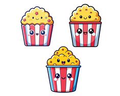 three popcorns with faces drawn on them, one is red and the other is blue