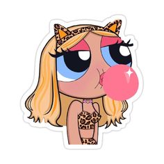 a cartoon girl with big eyes blowing bubble gum sticker on her face and wearing leopard print