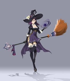 a woman dressed as a witch holding a broom