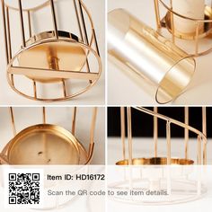 three different views of gold colored items with qr code to see them detailly