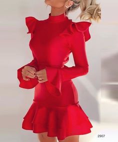 Ruffle Long Sleeve Dress, Red Bandage Dress, Club Party Dresses, Party Dress Long Sleeve, Ruffle Long Sleeve, Ruffle Mini Dress, Red Long Sleeve, Looks Chic, Trend Fashion