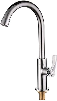 a chrome faucet that is attached to the side of a sink with an angled spout