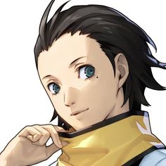 an anime character with black hair and blue eyes, wearing a yellow bandanna around his neck