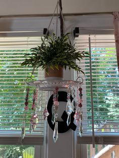 a potted plant hanging from the side of a window sill with beads on it