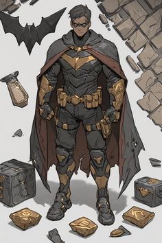 a man in a batman costume standing next to some boxes and hammers on the ground