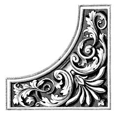 an ornate design with swirls and leaves in black on a white background, vintage line drawing or engraving