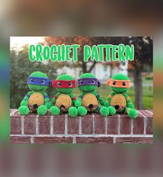 three crocheted turtles sitting on top of a brick wall with the words crochet pattern above them