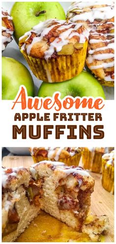 an apple muffin is cut in half and stacked on top of other muffins